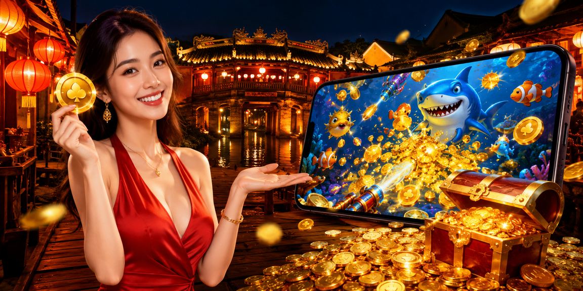 Người chơi trải nghiệm game casino trên mobile tại khu phố đêm Hội An lung linh đèn lồng