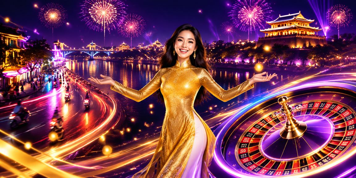 Cảnh Huế cổ kính với người chơi roulette trực tuyến trong trang phục áo dài truyền thống Việt Nam